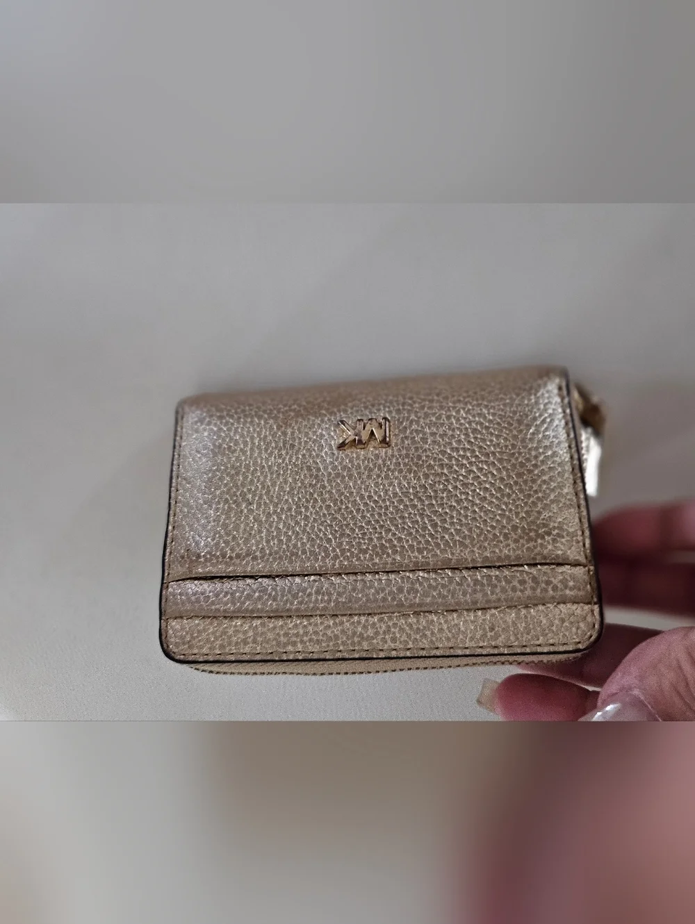 Michael Kors Metallic Gold Pebbled Leather Zip Around Card Coin Wallet.